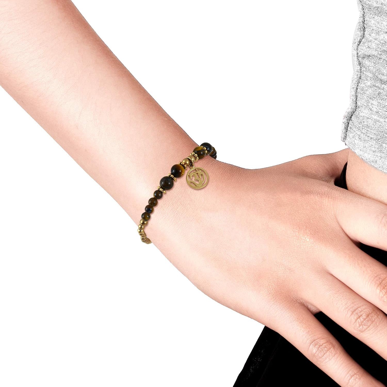 AeraVida Mystical Mindfulness Charm Tiger's Eye and Brass Beads Jingle Bell Bracelet |Vintage Gifts for Women | Statement Bracelet | Religious Ornament