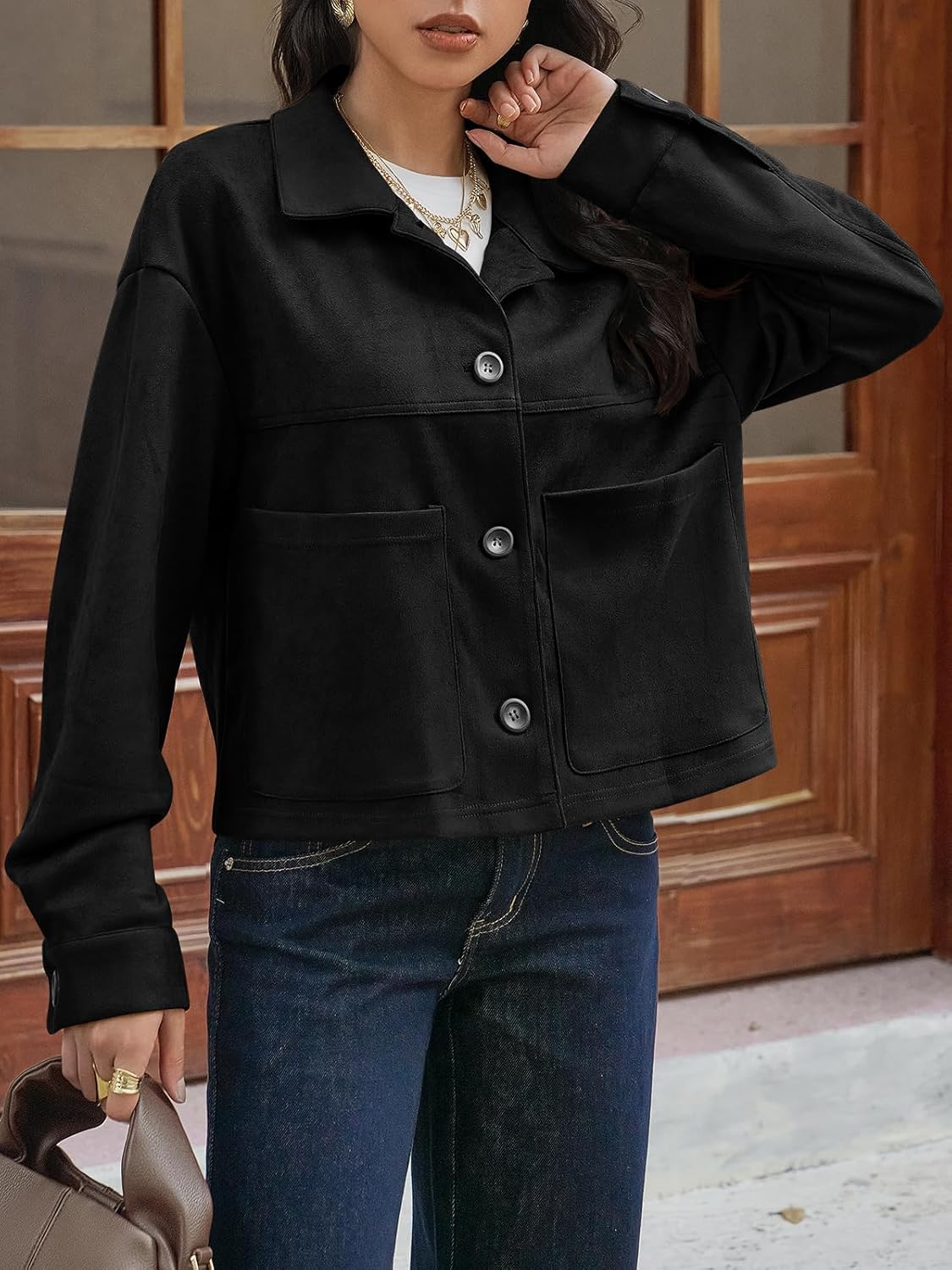 Tankaneo Womens Cropped Faux Suede Leather Jackets Lapel Collar Button Down Short Coats Fall Winter Vintage Trendy Shackets - Image 5