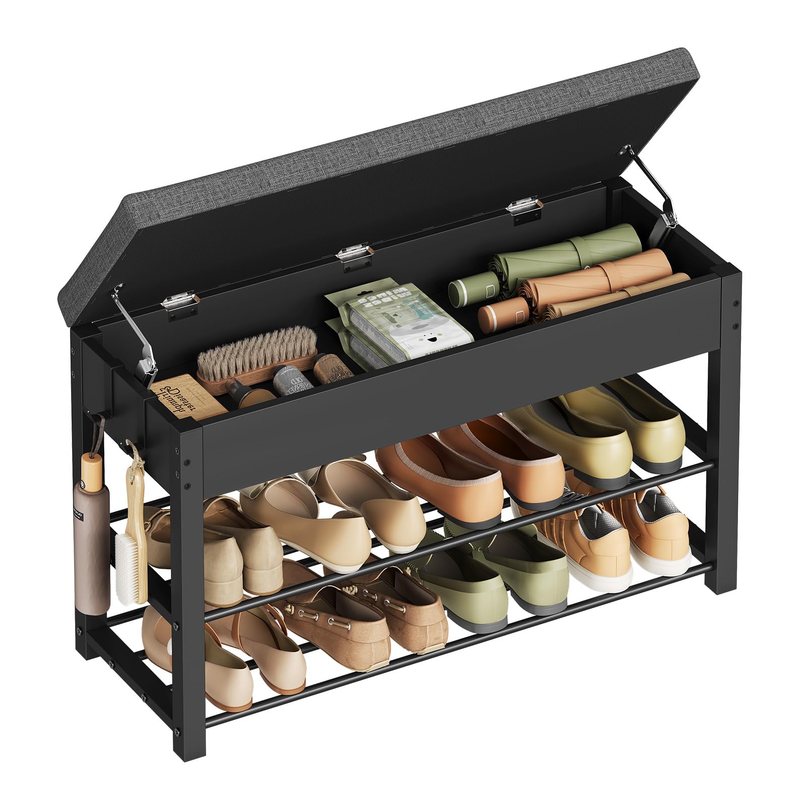 WOLTU Shoe Rack, Upholstered Shoe Bench with Hidden Storage Compartment, 2-Tier Shelf and 2 Hooks, Metal Frame and Linen-Effect Seat, for Bedroom/Hallway, 80x30x50 cm, Black+Dark Grey