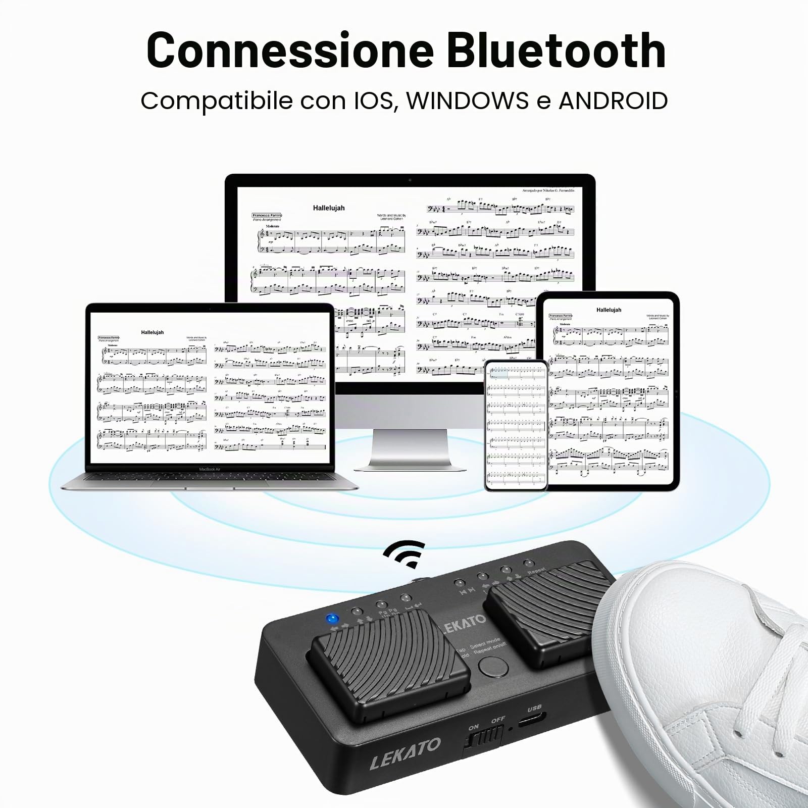 LEKATO Bluetooth Pedale Girapagina per Tablet e Smartphone, Pedale Wireless Silenzioso