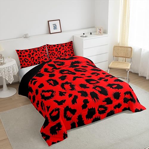 Miniatura 5 de Erosebridal Juego de edredón con estampado de guepardo, edredón de plumón de leopardo rojo y negro para dormitorio de niños y niñas, juego de ropa