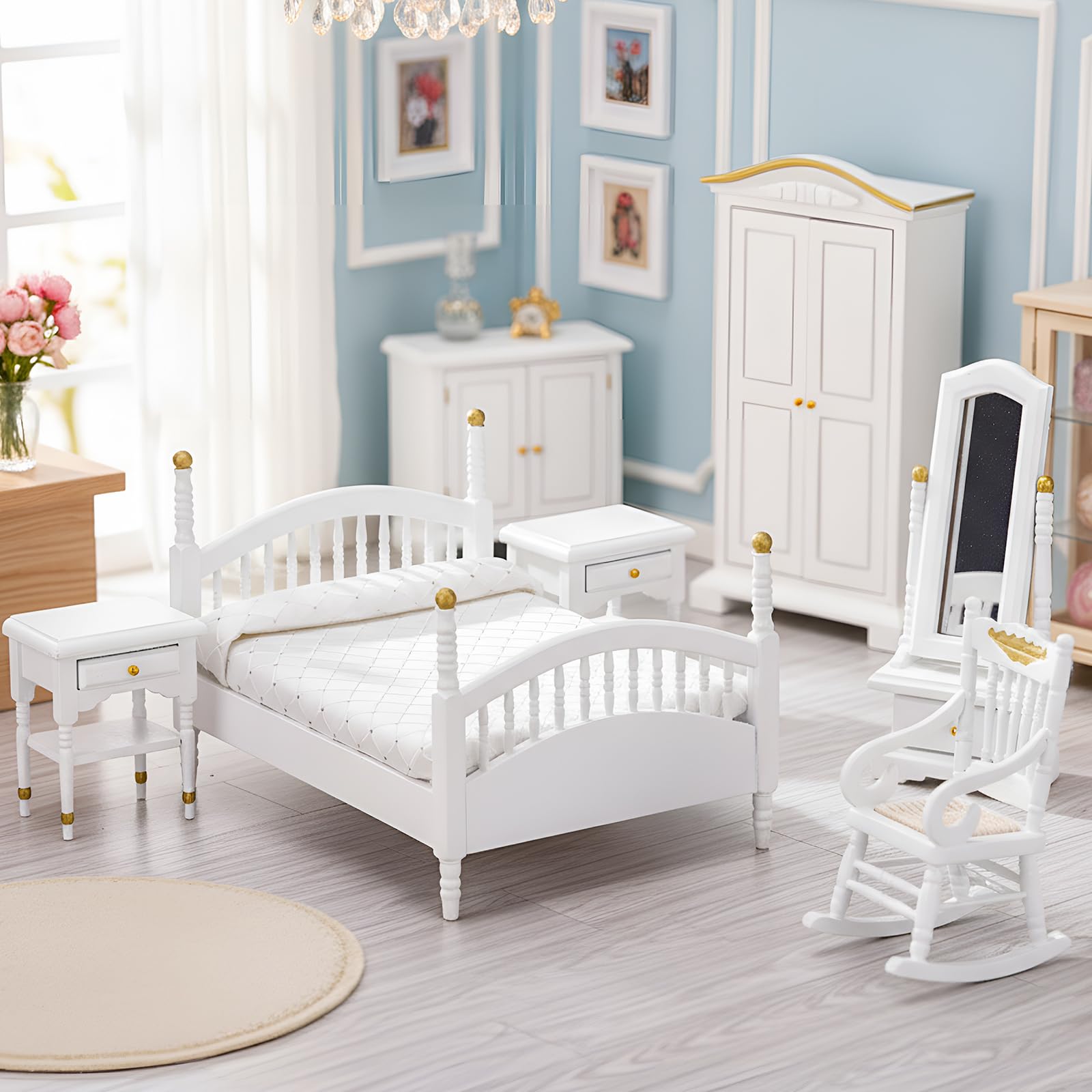 Skylety Juego de 7 muebles victorianos para casa de muñecas a escala 1:12, juego de muebles de dormitorio para adultos, juguetes en miniatura, accesorios para casa de muñecas