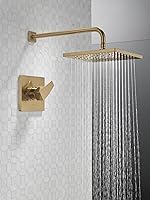 Vista 2 de Delta Modern 14 Series Juego de grifo de ducha de lluvia cuadrada, juego de cabezal de ducha y mango dorado cepillado, kit de molduras de válvula