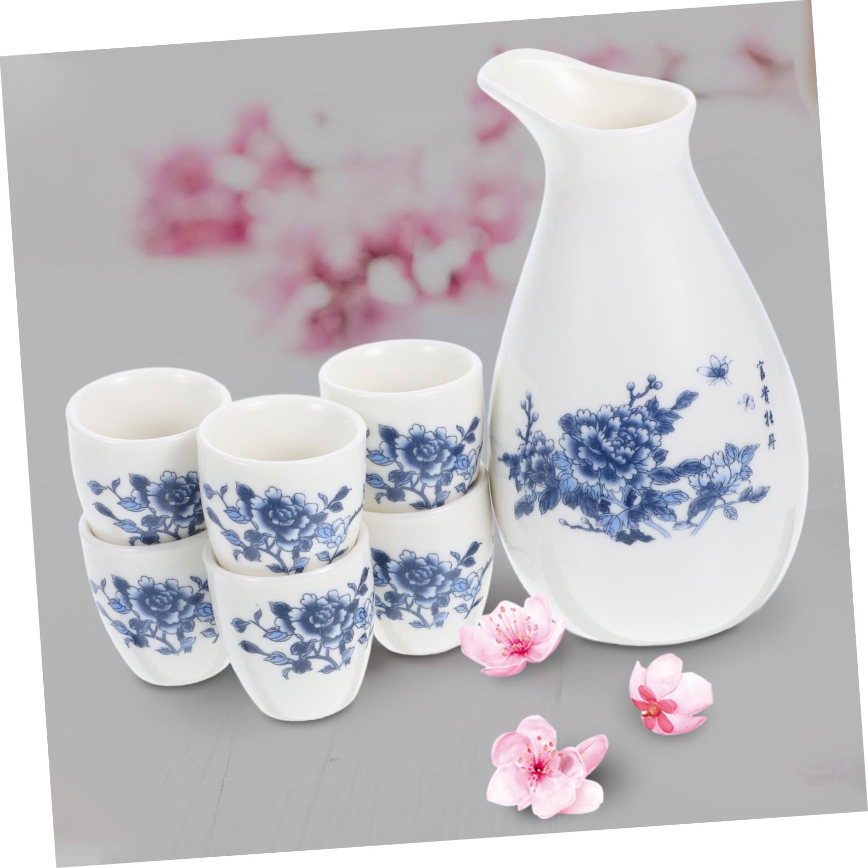 Japanisches Keramik Sake Set mit Tokkuri Flasche und Traditionellen Ochoko Bechern Hitzebeständig Dekoriert mit Blumenmuster für Hausparty und Geschenk für Sake Liebhaber