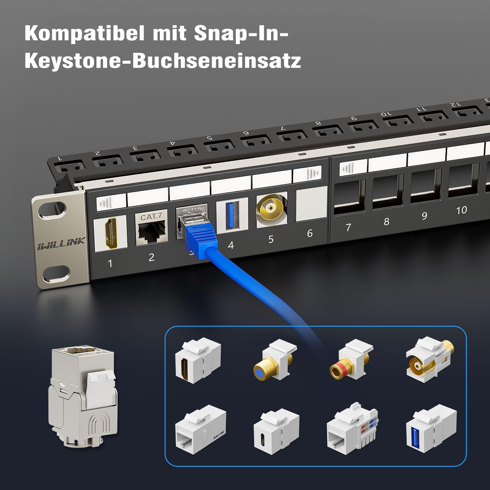 iwillink Set di pannelli patch CAT7 a 24 porte | montaggio a rack 1U 19" | 24 moduli Keystone RJ45 | 10 Gbps 600 MHz | nero