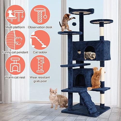 Miniatura 6 de Torre de escalada para gatos de 54 pulgadas con poste rascador, perca para casa para gatos, condominio de madera para gatos, torre de árbol