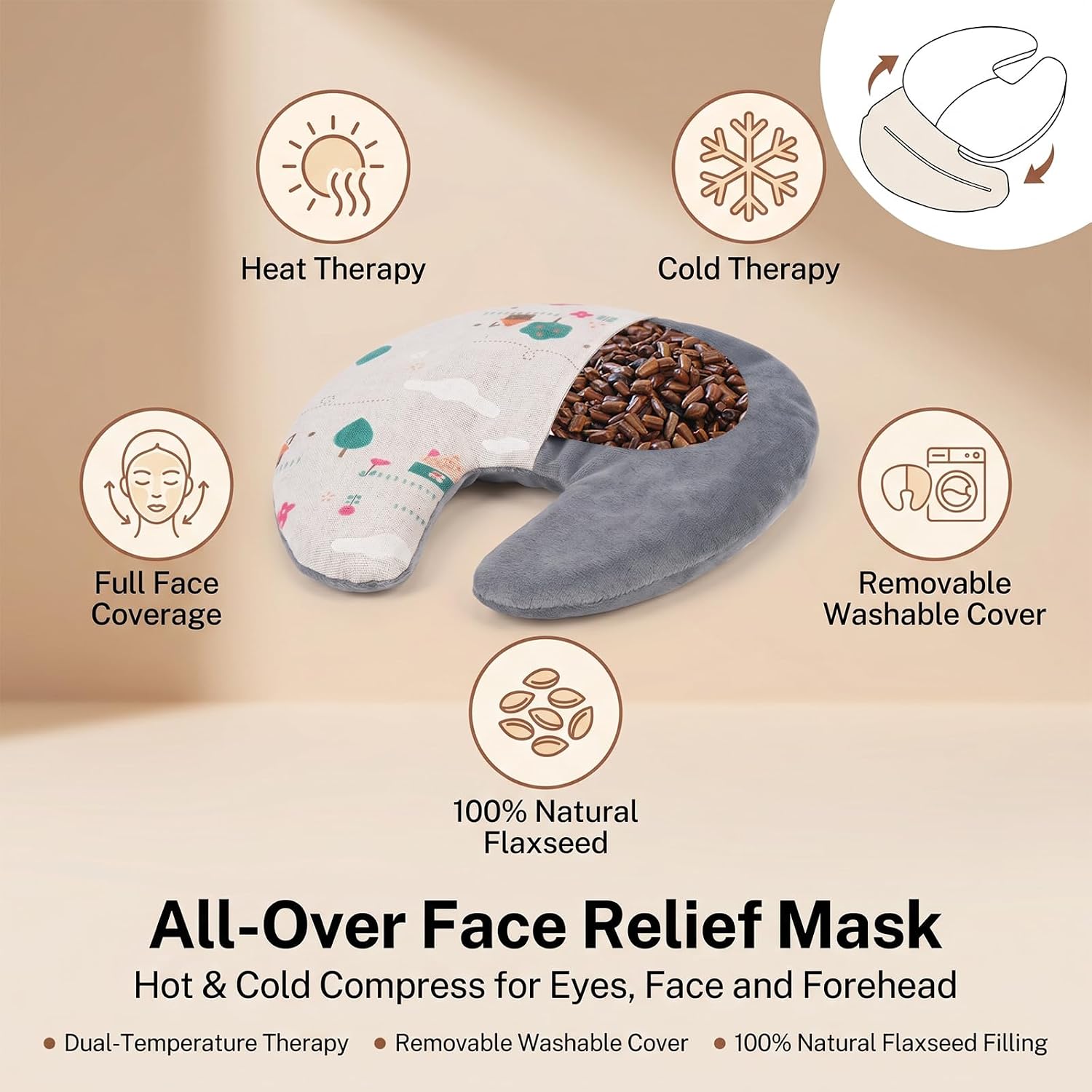 Facial Heating Pad Microwavable, Hot & Cold Therapy Face Compress with 100% Natural Flaxseed Filling, U-Shaped Design for Sinus Pressure Relief, Migraines & Headaches, Removable Washable Cover