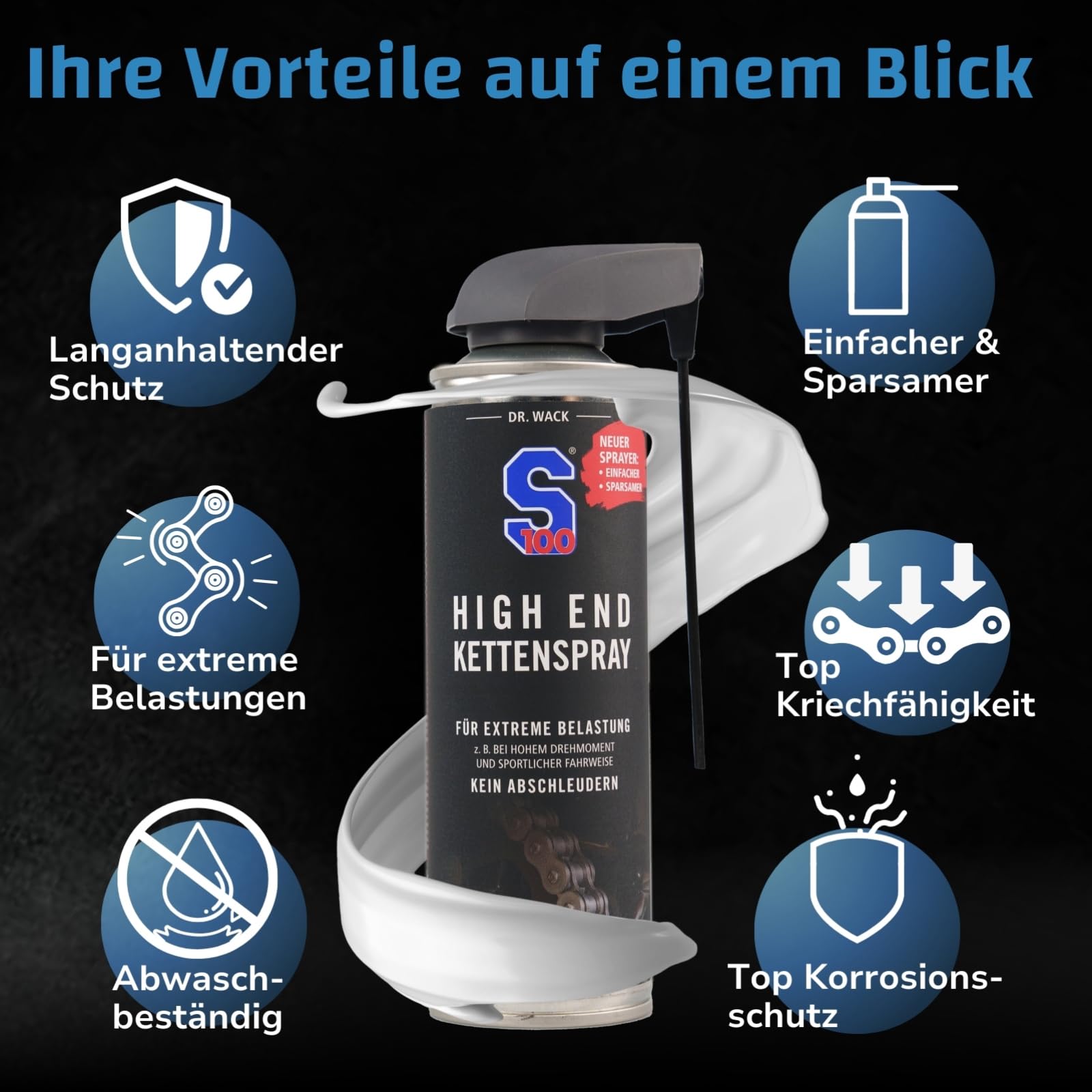 Dr. Wack - S100 High End spray per catena da 300 ml I Premium olio per catene per moto per carichi estremi, spray per catena per tutte le moto, cura di alta qualità, made in Germany