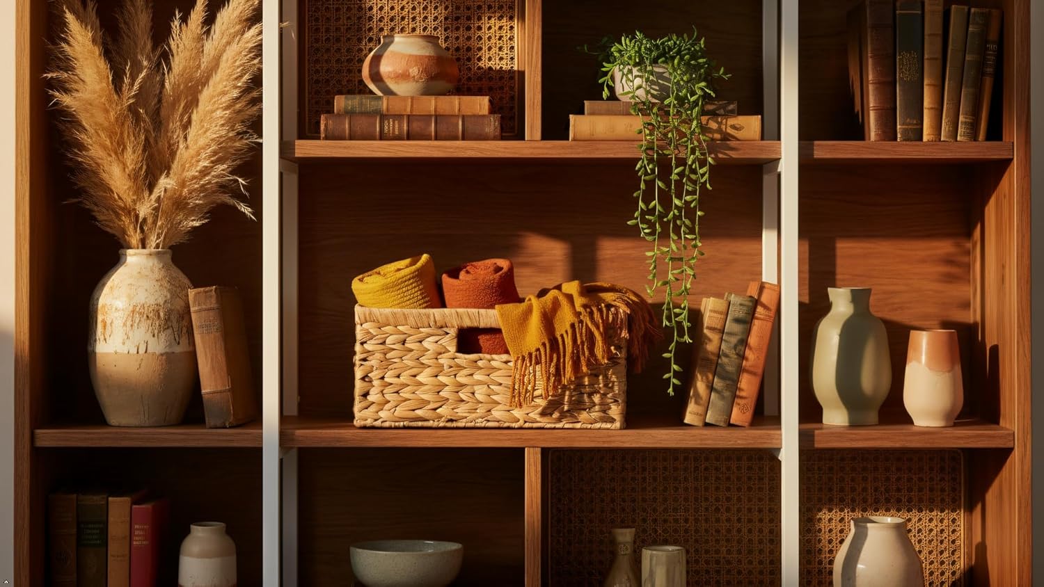 Large Rectangular Wicker Basket - Premium Water Hyacinth Storage Basket with Built-in Handles for Home Organization, Shelf Organizer, Decorative Natural Handwoven Basket, 15x11x7"