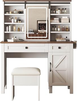 42" Farmhouse Vanity Desk With Mirror and Lights, Sliding Mirror, Wood Makeup Desk With Hairdryer Holder and Charging Station, Big Set With Storage Bench, White