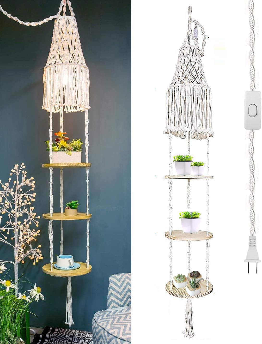 Macrame Lamp Shade and Hanging Plant Holder Shelf Indoor for Boho Bedroom Decor Plug in Pendant Light Hanging Light with Plug in Cord and Switch for Bohemian Office Corner Reading Light (Cream)