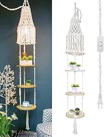 Diocos Macrame Lamp Shade with Hanging Plant Shelf - Boho Plug-in Pendant Light for Bedroom Office Corner Decor (Cream)