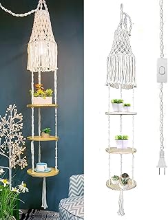 Macrame Lamp Shade and Hanging Plant Holder Shelf Indoor for Boho Bedroo...