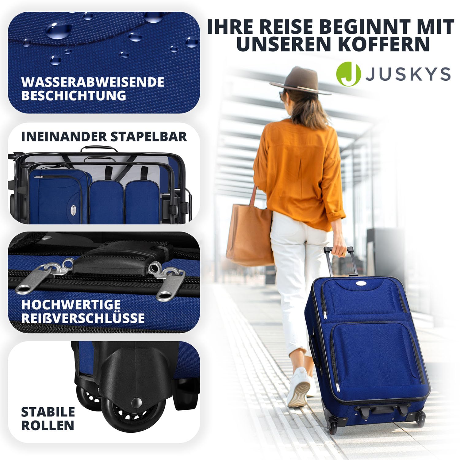Juskys Trolley - Maletín de viaje (5 piezas, 60 y 34 litros, 2 ruedas, funda suave, tela impermeable, mango telescópico, equipaje de mano, 2 maletas), azul, 5-teilig, Juego de maletas