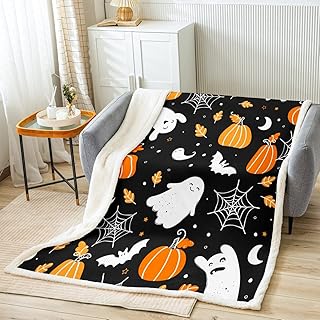 Halloween Decorations Blanket for Boys Girls Kids Super Soft Warm Bat Spider Web Sherpa Fleece Blanket Ghosts and Candy Throw Blankets Orange Pumpkin Bed Blanket Gifts for Teens Women(Queen 90