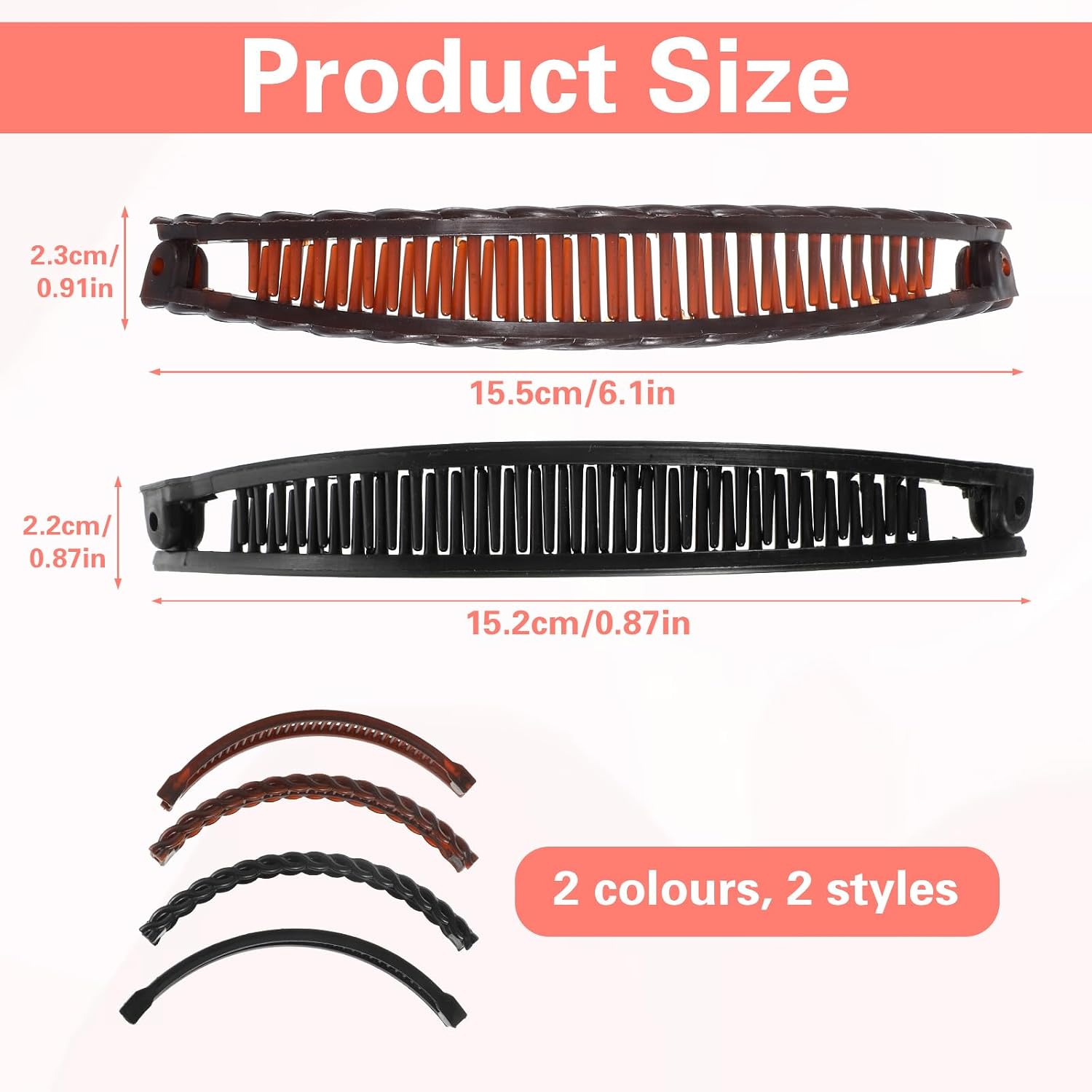 Nogeqi 4 Pcs Banana Hair Clips for Women, Non-Slip Hair-Claws with Double Combs, Vintage Banana Clips for Women Thick Curly Hair, Solid Color Ponytail Holder Styling Accessories