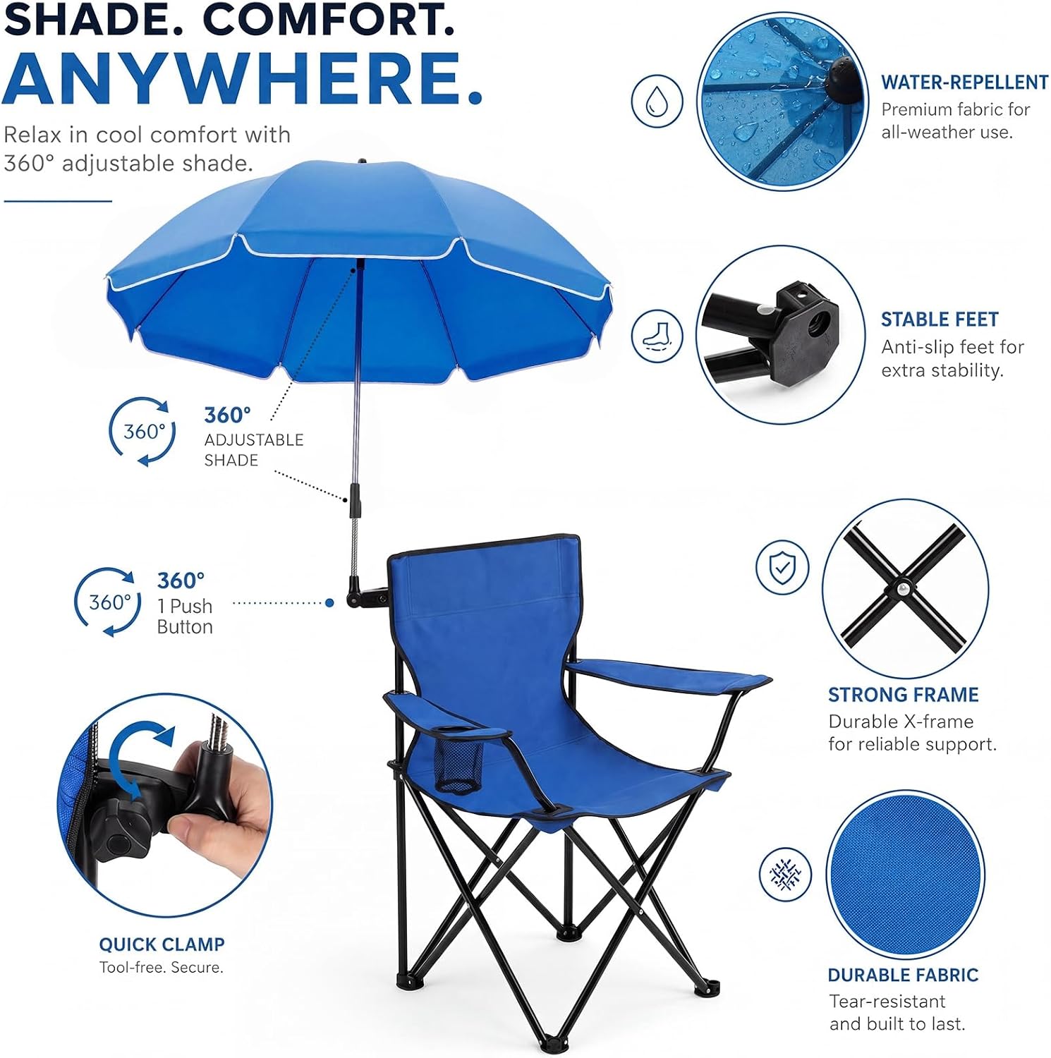 2 Pack Beach Chair with Umbrella Folding Camping Beach Chairs with Canopy Portable Chairs with Cup Holder Carrying Bag for Camping Hiking Travel Picnic Outdoor Events(Black and Blue)