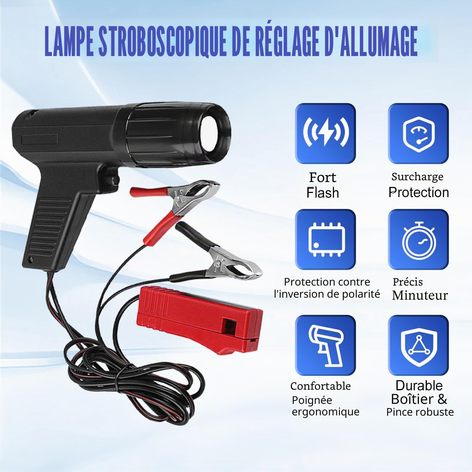 VOBOR Lampe Stroboscopique Allumage 12V, Pistolet de Synchronisation pour Voiture, Bateau à Vapeur, Moto, Outil de Réglage du Point d’Allumage, Pistolet à Éclair