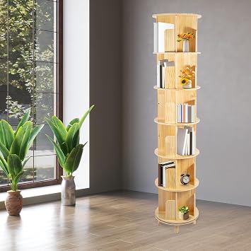 360° Rotating Bookshelf 6-Tier Removable Bookcase Wooden Spinning Bookshelf Multi-Functional Plants Storage Display Holder Stand