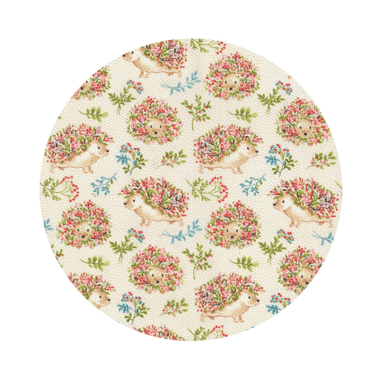 Floral Hedgehogs PU Leather Coasters Set of 6 Round Drink Coasters
