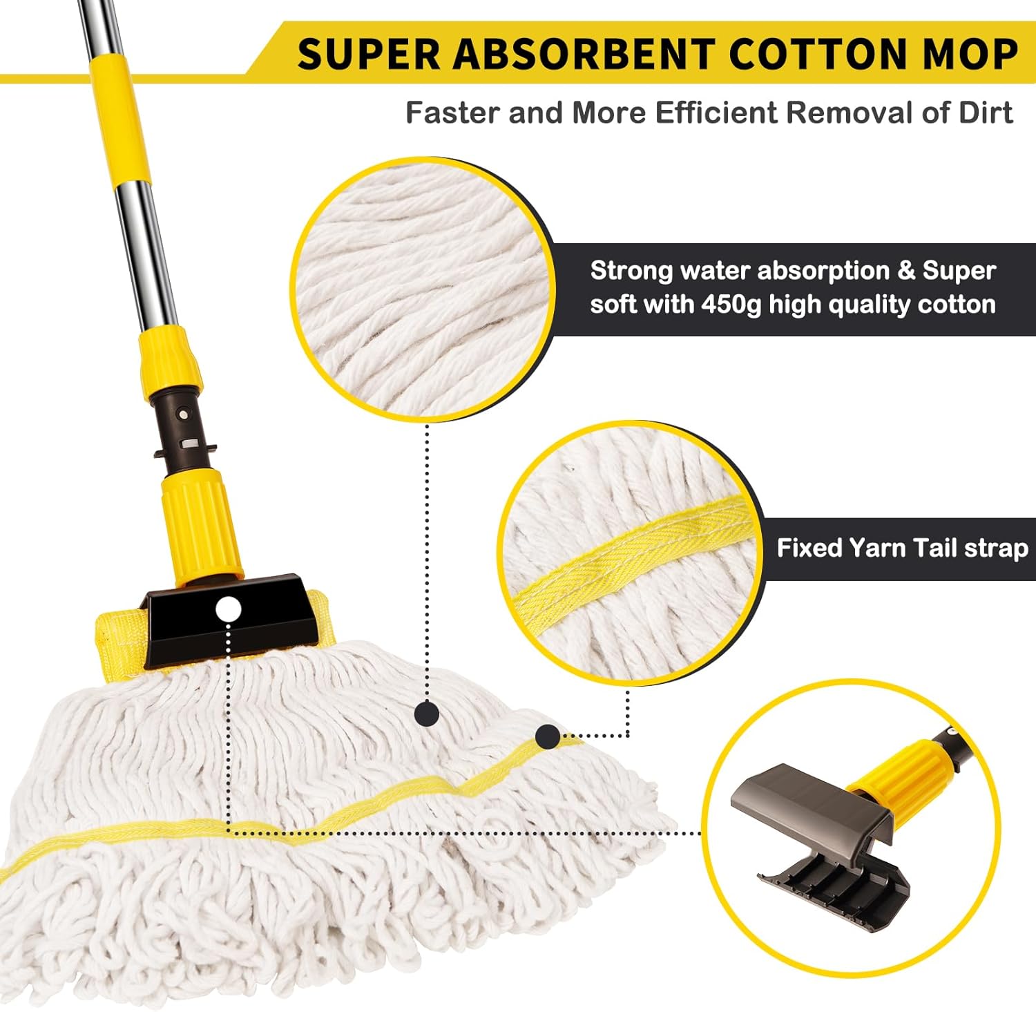 Professional Commercial Mop Industrial Heavy Duty Mop with 54 Long Handle ,Wet Mop for Home,Workshop,Garage Floors Cleaning,with 53'' Stainless Steel Mop Handle,Yellow