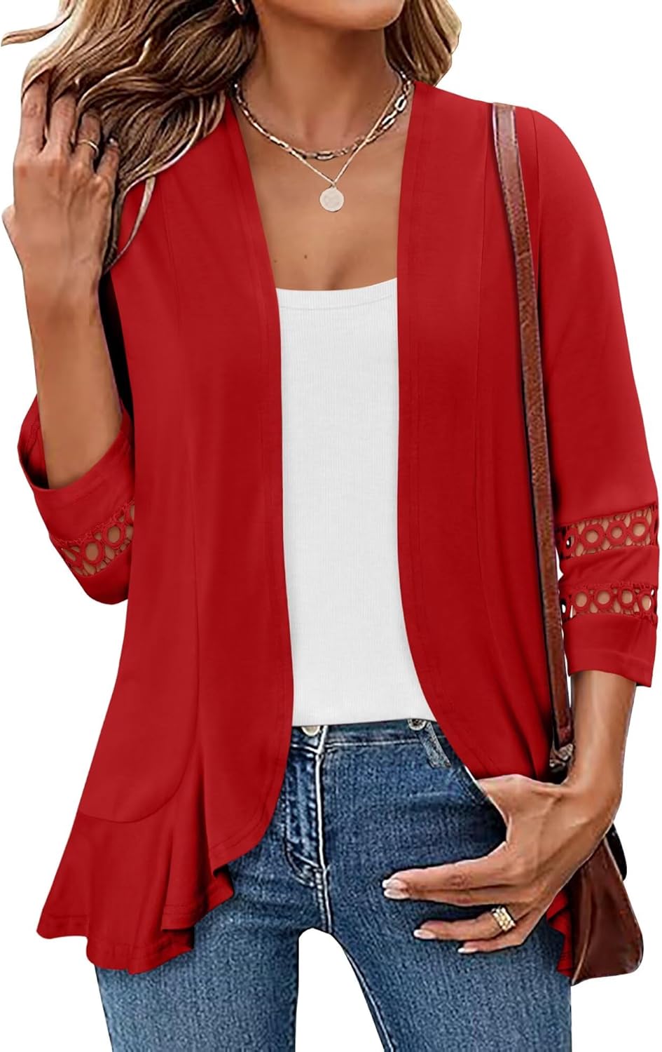 Magritta Womens Casual Open Front Cardigans Lightweight Soft Draped Ruffles 3/4 Sleeve Cardigan - Image 3