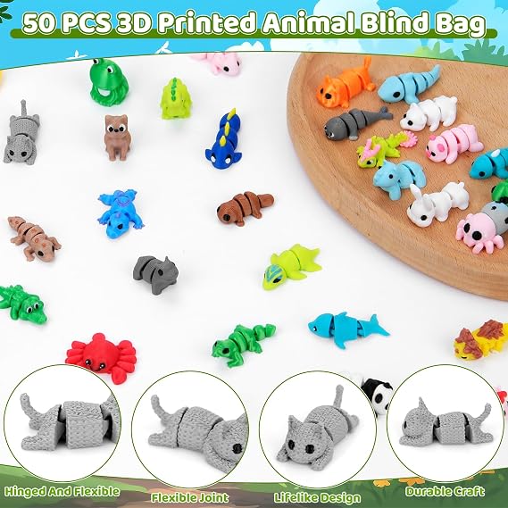 SelfTek 50 Pcs 3D Printed Mini Animals Blind Bags - Flexible Movable Joint 3D Printed Mini Animals Figures Mystery Bags for Party Favors, Home Office Desk Decoration, Birthday Gifts