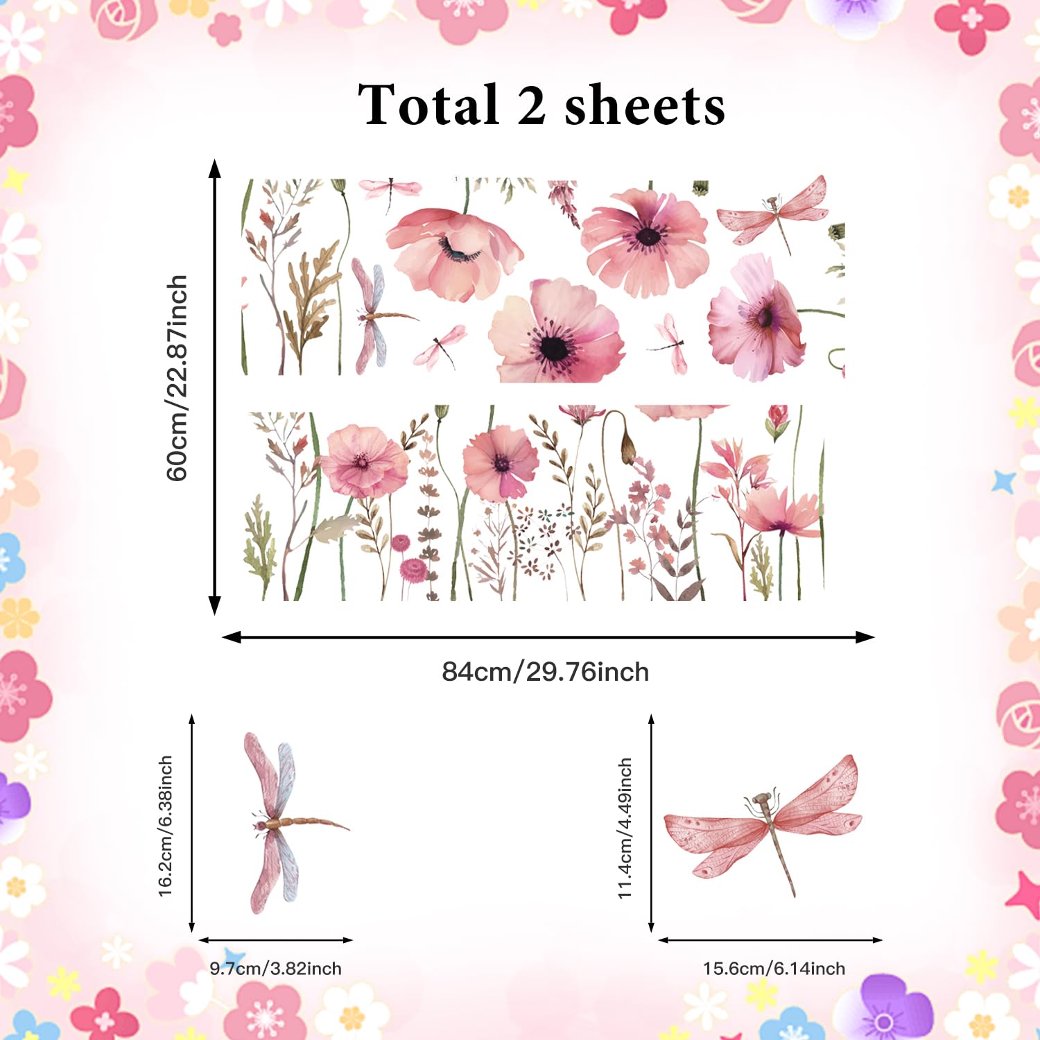 HPNIUB Pink Blossom Flower Wall Stickers for Bedroom,Pink Floral Wall Decals for Living Room,Dragonfly Plants Leaf Wall Art Stickers for Kids Nursery Decoration - Image 4