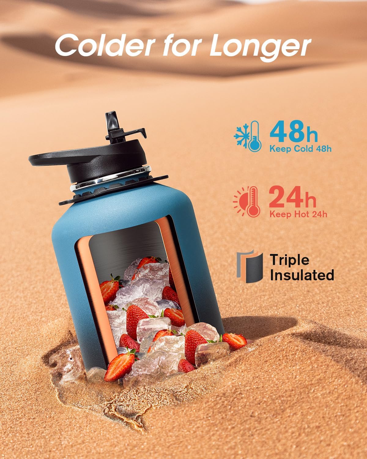 Coolflask 64 oz Water Bottle Insulated with Strap, Half Gallon Water Jug Stainless Steel with Straw & Spout Lids, Metal Large Water Flask, Keep Cold 48h Hot 24h, Leak Proof & Non-BPA, Prussian Blue - Image 2