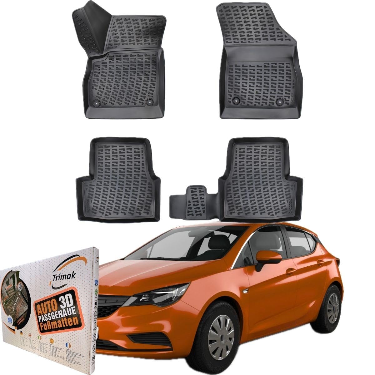 Trimak Dokładnie dopasowane dywaniki samochodowe 3D kompatybilne z Opel Astra K 2015 - 2021 akcesoria samochodowe 1. I 2. rząd dywaników gumowych samochodów TPE na każdą pogodę Bezzapachowe antypoślizgowe przód i tył czarne