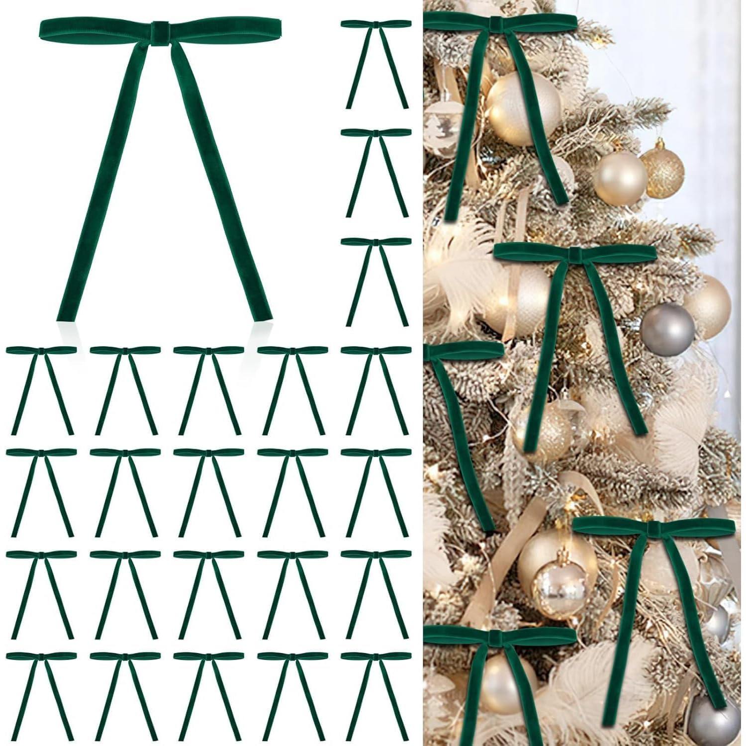 Tasber Dark Green 24 Pcs Velvet Bows For Christmas Tree, Christmas Tree Bows Ornaments, Rustic Bows For Door Garland Wreath Gift Party Decoration (Dark Green)