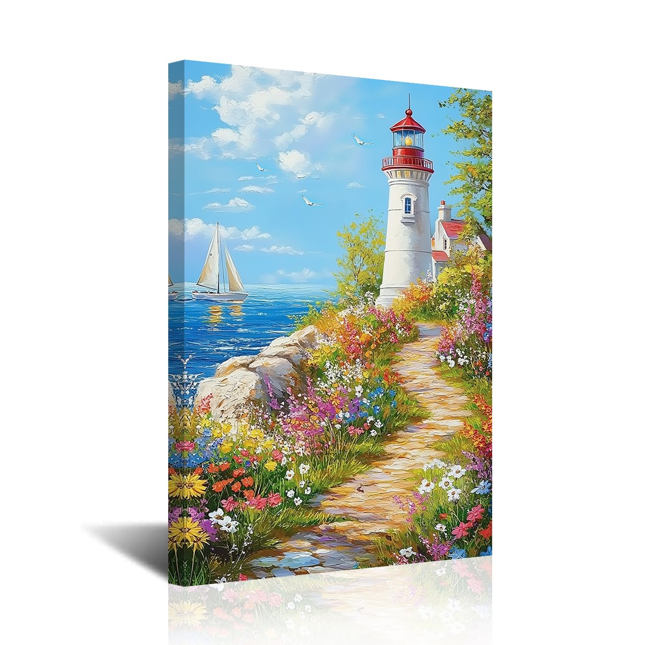 CXHOSTENT Lighthouse Pictures Wall Art Coastal Bathroom Decor Ocean Seascape Canvas Prints Beach Paintings Nautical Scenery Artwork Home Decor Framed (Navy, 20L x 16W)