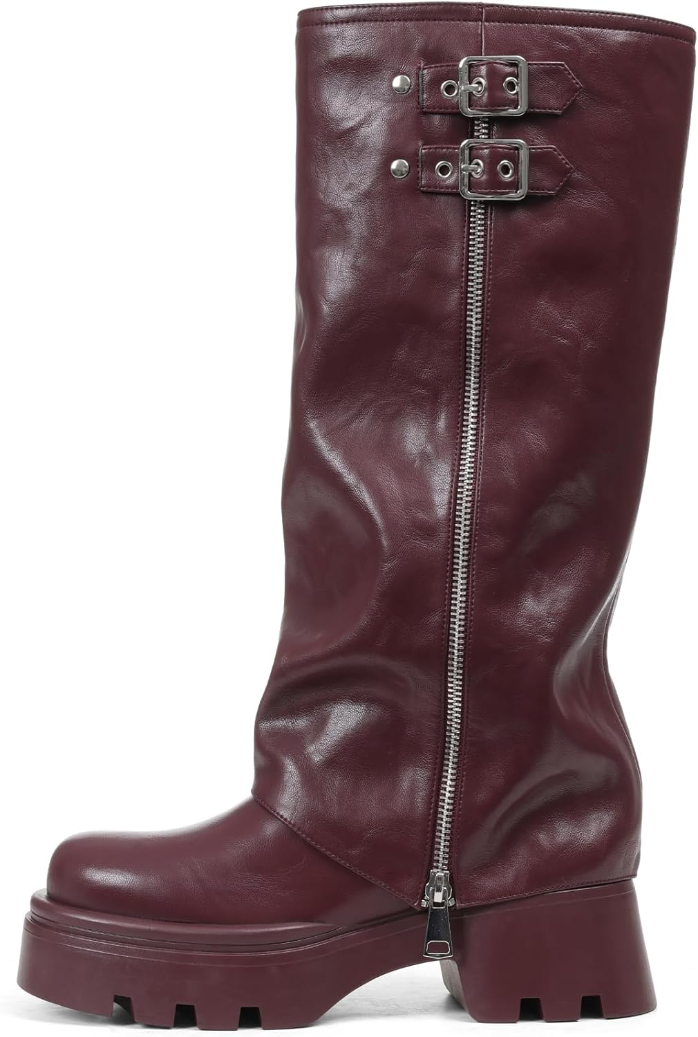 Women's Knee High Fold Over Boots Chunky Platform Lug Sole Comfortable Leather Round Toe Goth Moto Combat Dress Boots for Women