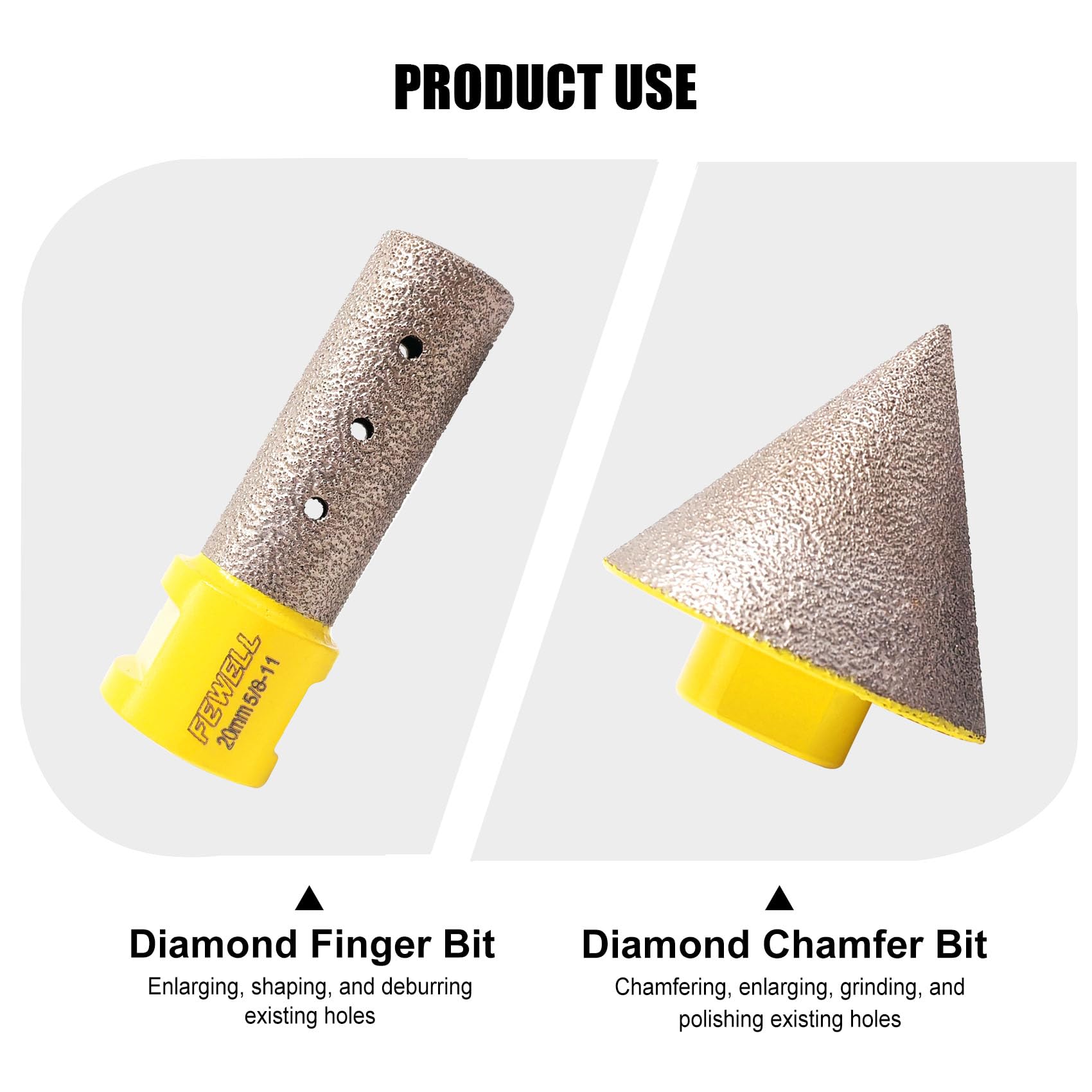 FEWELL Kit di seghe a tazza diamantate per piastrelle con punta diamantata da 5/8-11, set di punte diamantate (6/8/20/25/35/50/65/100 mm+punta a dito da 20 mm + punta per smussare 50 mm) per