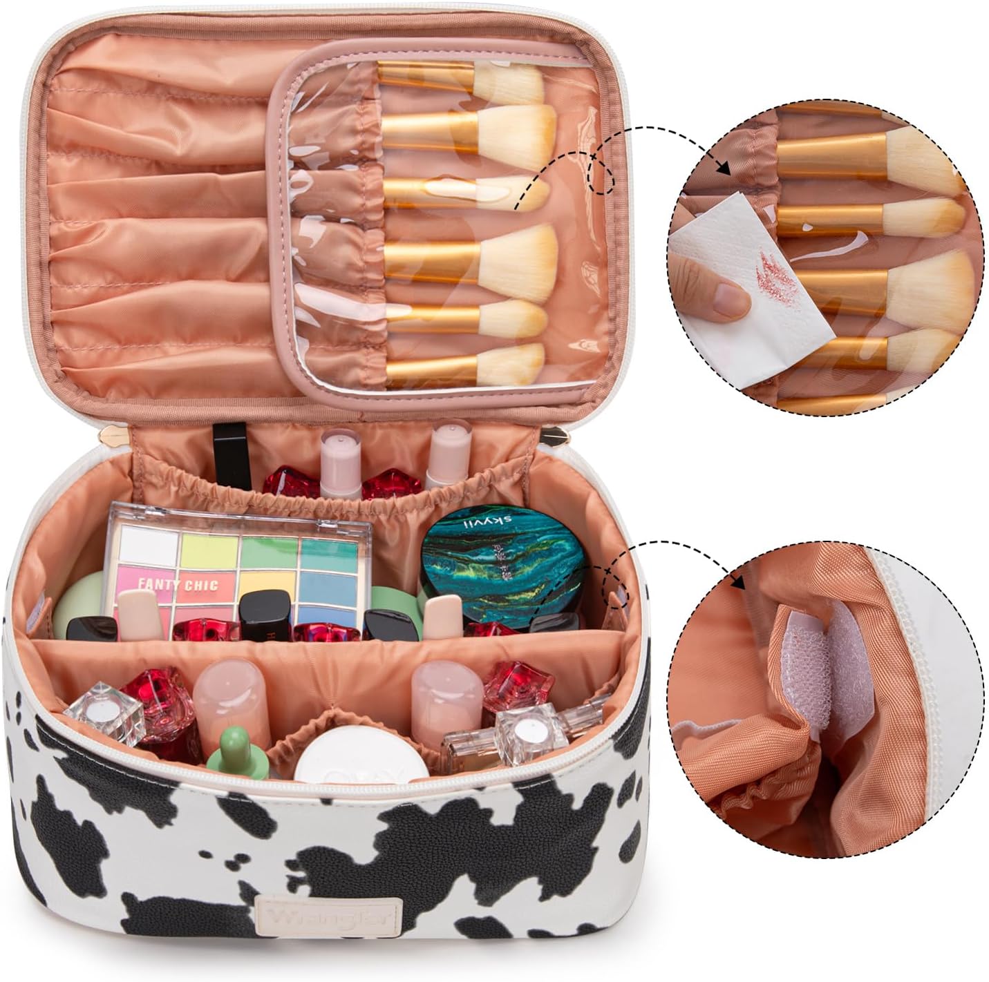 Montana West X Wrangler Travel Makeup Bag 2pcs Set Large Cosmetic Bag with Makeup Brush Holder Portable Make Up Organizer Cute Toiletry Bag with Divider and Handle for Women