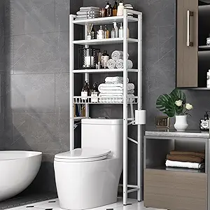 4-Tier Over-The-Toilet Storage Rack, Adjustable Shelf and Basket, Freestanding Bathroom Organizer Shelf for All Rooms, Space-Saving Bathroom Shelves, White