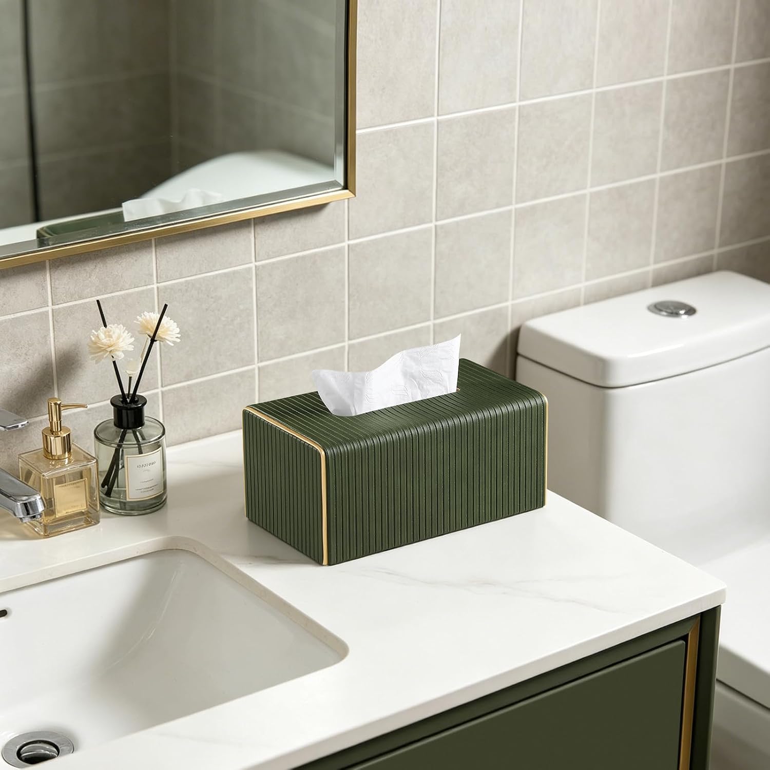 PU Leather Tissue Box Cover Rectangle, Decorative Rectangular Tissue Box Holder with Magnetic Closure (Olive Green, Large - Fits 120/160 Count Tissue Boxes)