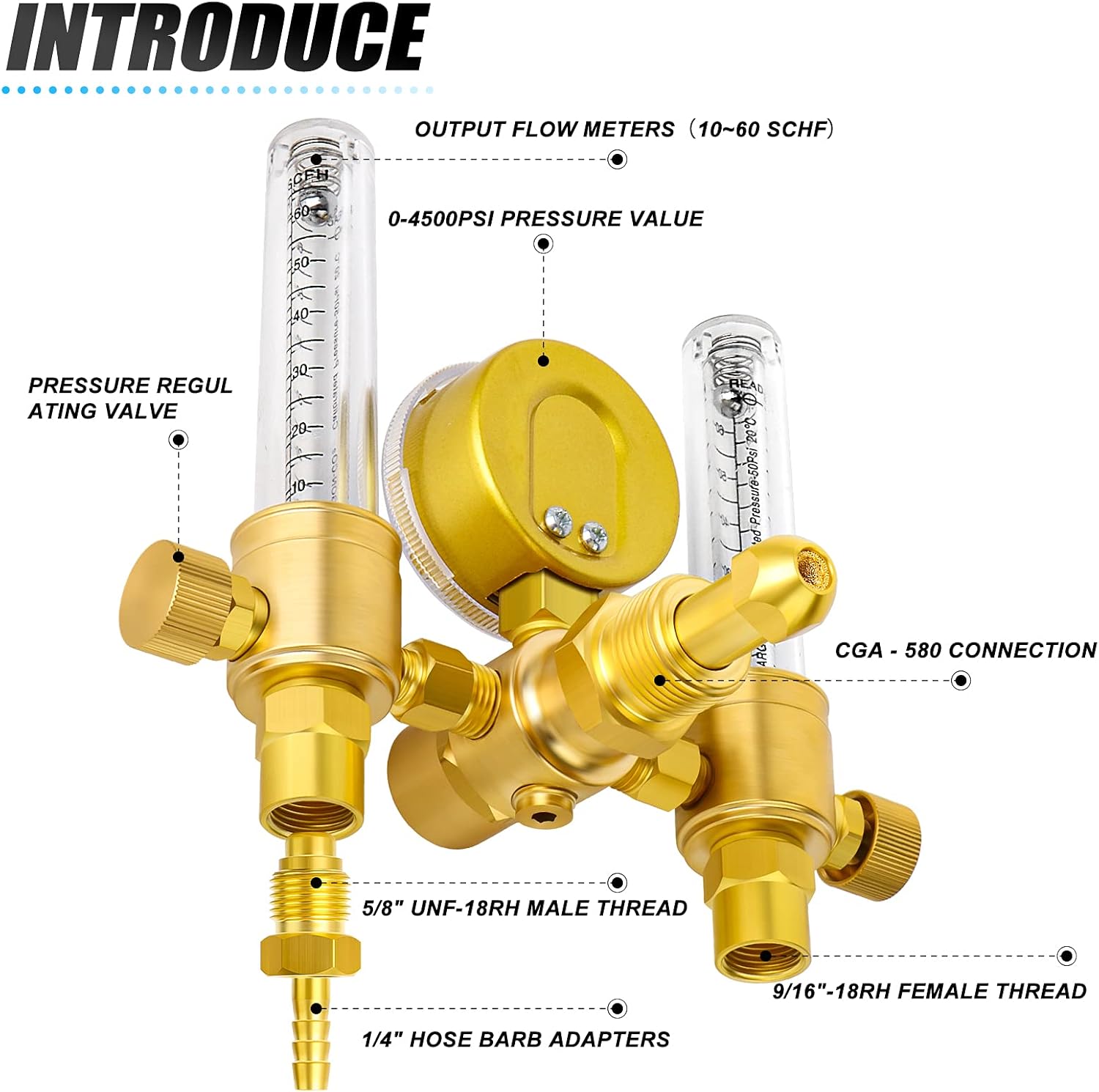MEANLIN MEASURE Argon Regulator Flow Meter with 6.5 Feet Hose,CGA580 Inlet Connection,5/8" x 18RH Outlet Fitting,Dual Output Argon Welding Flowmeter for TIG MIG Welder