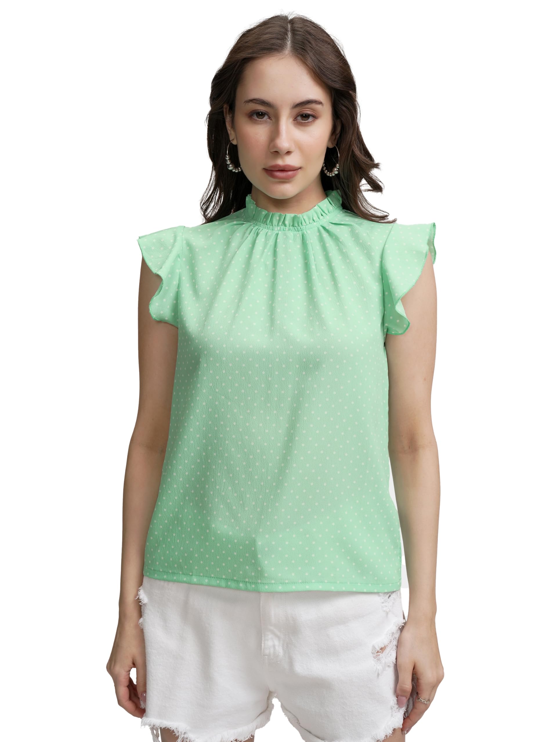 tokyo talkies Women's Polka Dot Top | High Neckline | Cap Flutter Sleeves | Playful & Chic | Tops for Woman | Women Tops | Stylish Top-picture-11