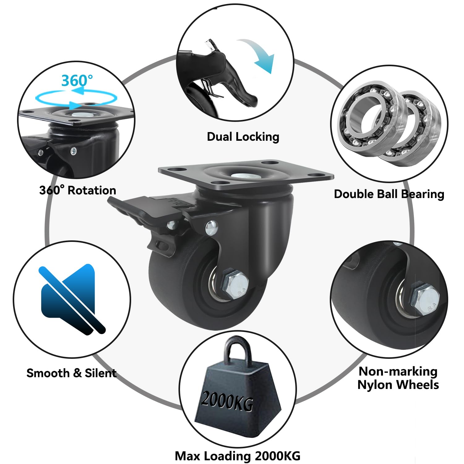 75MM Ruote per Mobili Pesanti con Freno, Ruote per Carrello Pesanti, Silenziose e Robuste Ruote Girevoli Rotazione a 360° e Antigraffio, 4 Nylon Rotelle per Carichi Pesanti Capacità 2000KG