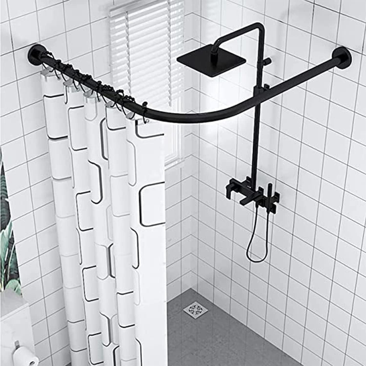 Easy Installation Shower Curtain Rod Adjustable Corner Ceiling Support Curved Rod,Shower Curtain Rod Curved L-Shaped Shower Curtain Rod No Drilling 304 Stainless Steel Black Shower Curtain R