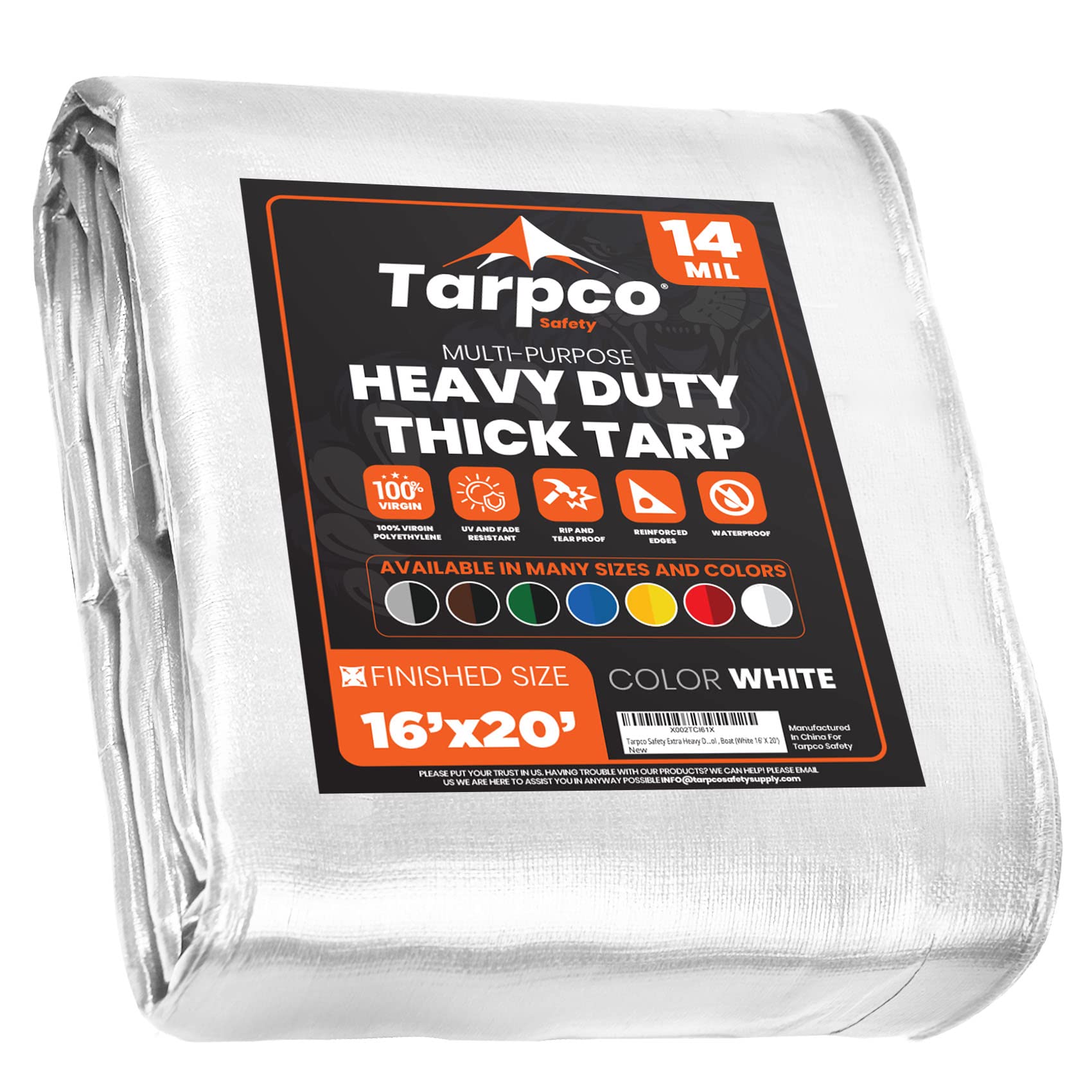Extra Heavy Duty 14 Mil Tarp Cover, Waterproof, UV Resistant, Rip and Tear Proof, Poly Tarpaulin with Reinforced Edges for Roof, Camping, Patio, Pool, Boat (White 16′ X 20′)