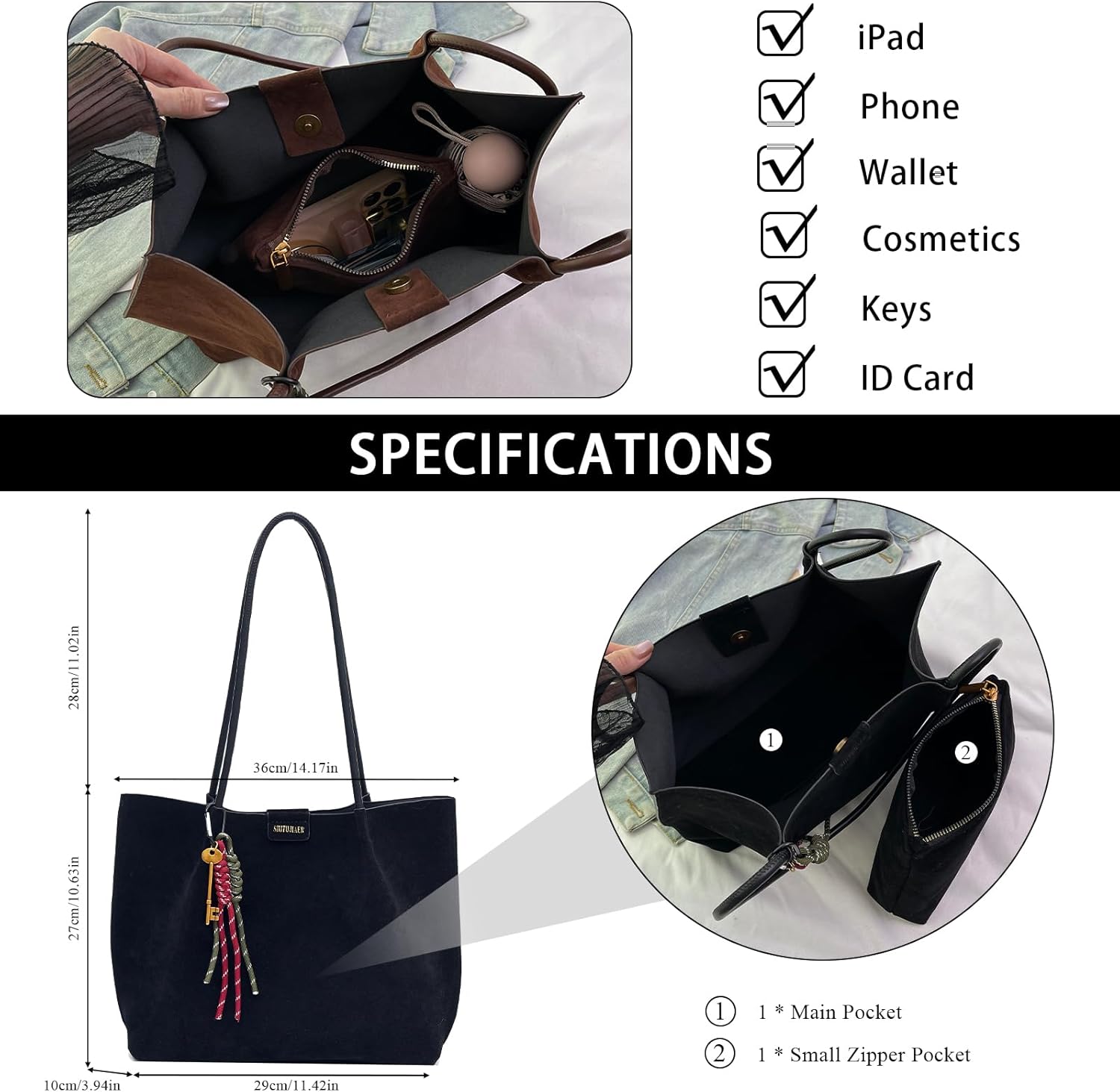 Suede Tote Bags for Women Suede Purse Trendy Shoulder Handbag Slouchy Tote Bag with Zipper Bag - Image 4