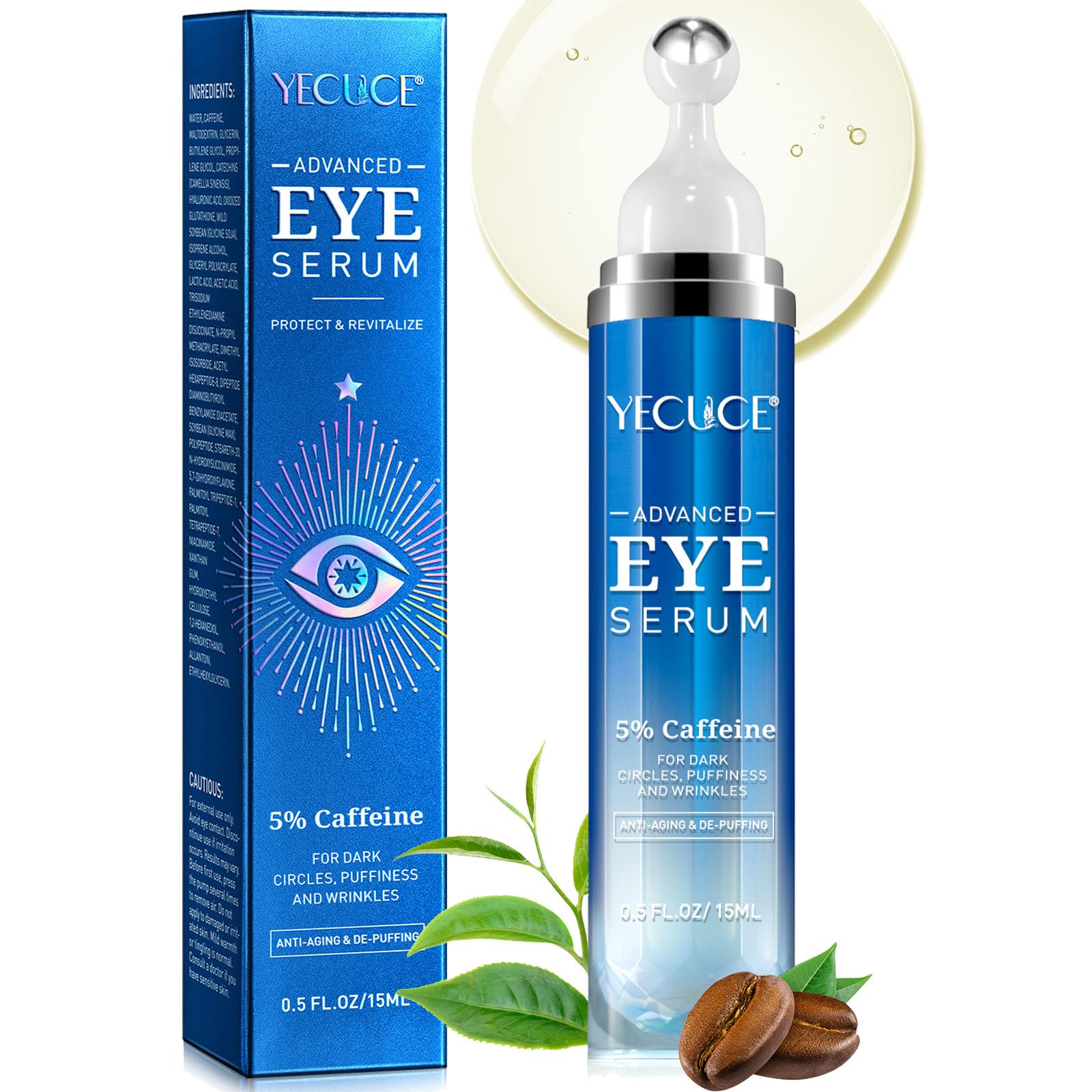 Eye Serum for Dark Circles and Puffiness - 5% Caffeine Eye Cream Anti Aging, with Retinol Hyaluronic Acid Niacinamide, Under Eye Cream for Eye Bags Treatment with 360° Eye Roller Massage Ball