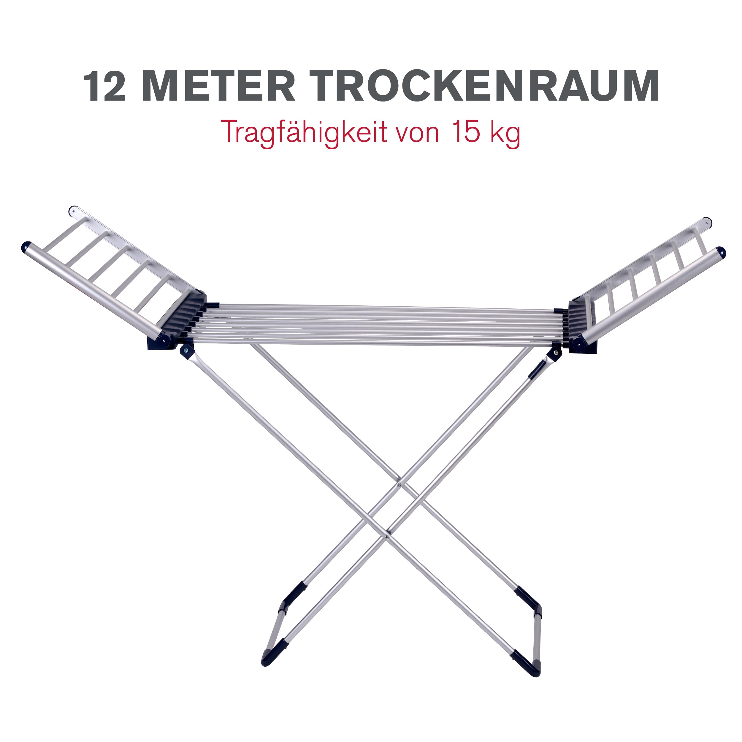 Dirt Devil Wäscheständer Beheizbar DD6003 – Trockenstab - Badheizkörper - Standtrockner 230W – Hochständer Wäschständer – 12 m Trockenlänge - Beheizbarer Wäscheständer IPX1 Schutz - Aluminium
