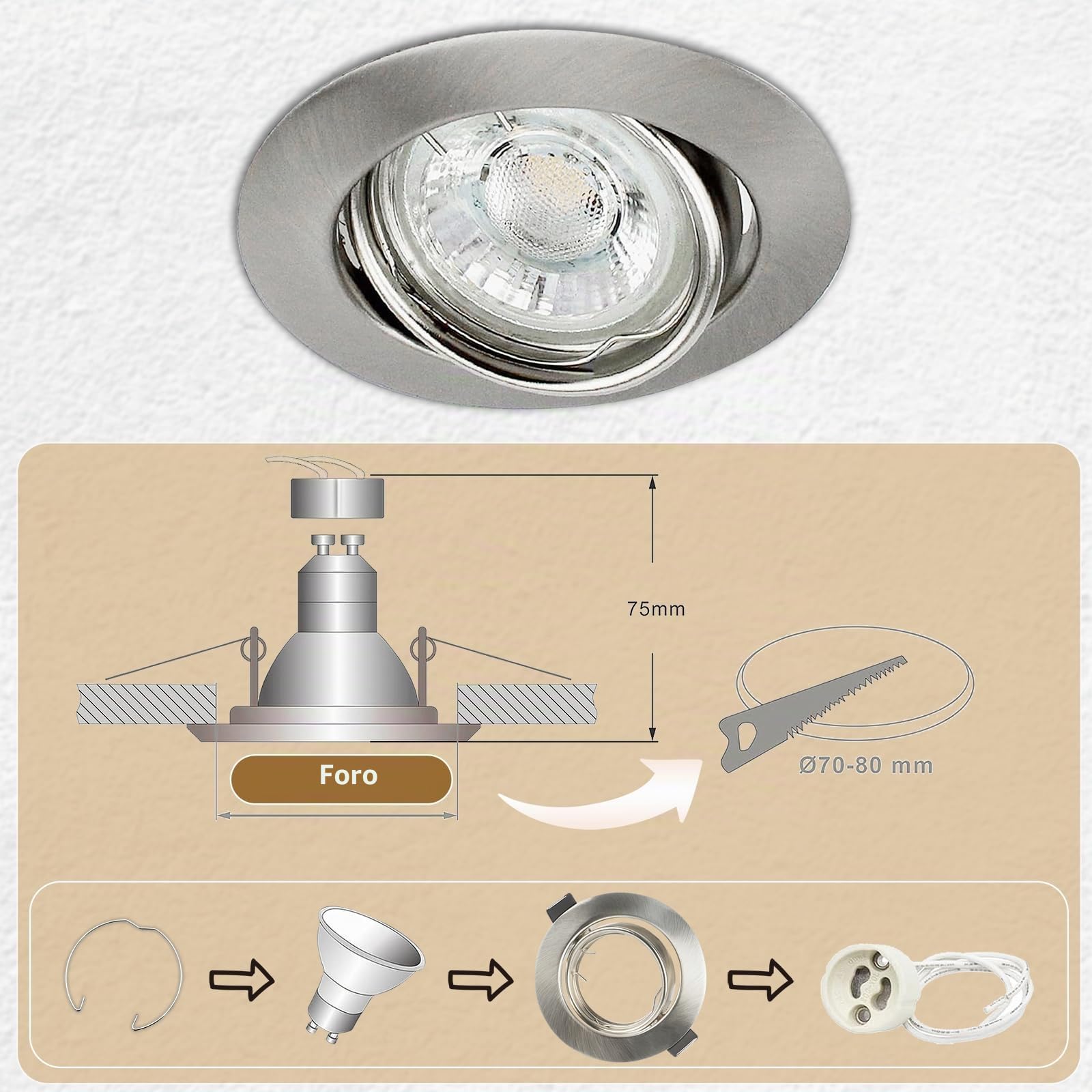 12X Cornice Faretti incasso cartongesso GU10 – Orientabili 30°, Ø90mm, per GU10 LED, Struttura in Metallo Cromato, Foro 68-80mm, con Portalampada – Faretti LED da Incasso per Cartongesso