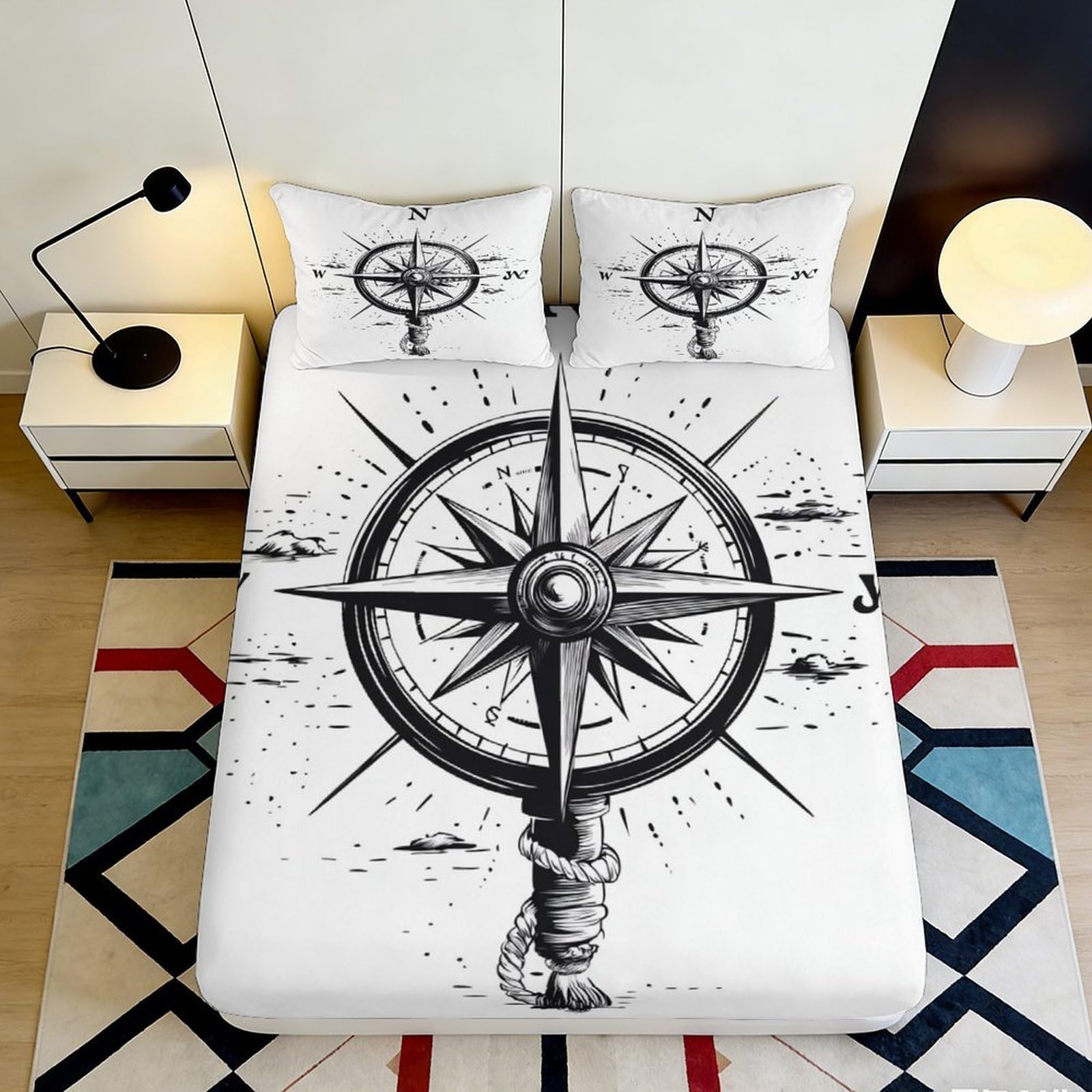 3D Printed Compass Rose Fitted Sheet Microfiber Soft Breathable Nautical Bed Cover for Bedroom Dormitory Guest Room Mattress Protection Decor 180x200x25cm