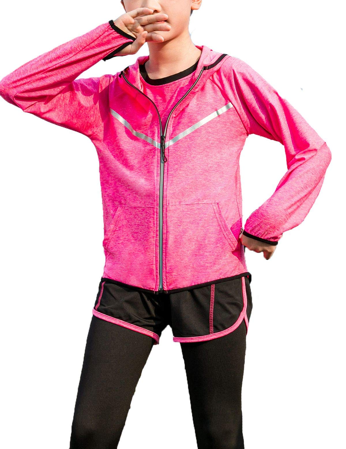 Echinodon Girls Athletic Jacket Long Sleeve Lightweight Running Jacket Gym Coat Rose Red 150