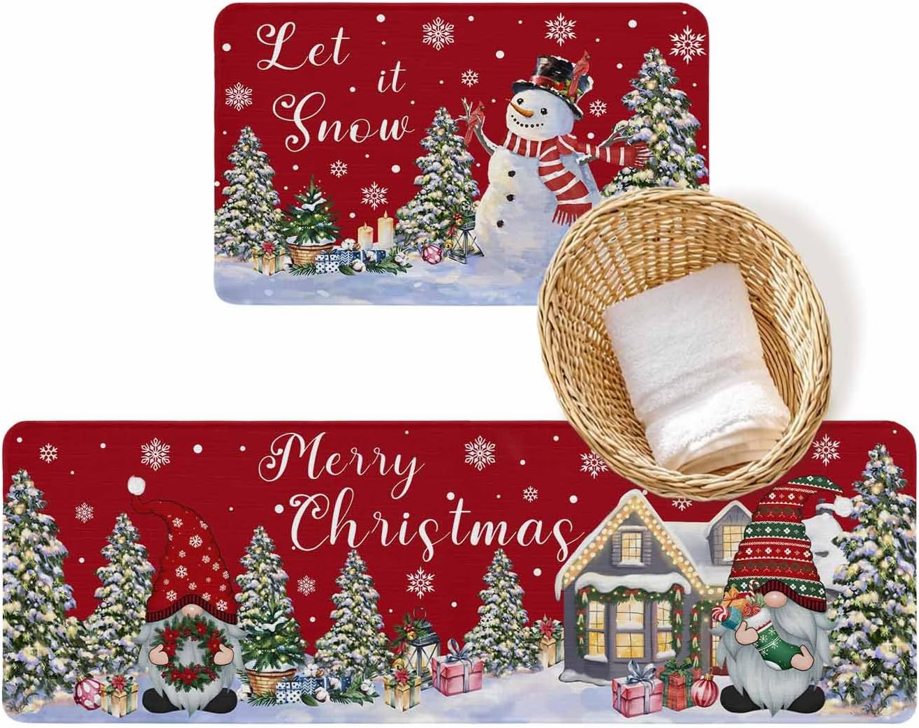 Christmas Kitchen Rugs and Mats 2 Pieces Snowman Runner Rug Sets Gnome Red Merry Christmas Tree Kitchen Mats for Floor Non Slip Area Rugs Carpet Absorbent Doormat Holiday Home Decor Gifts