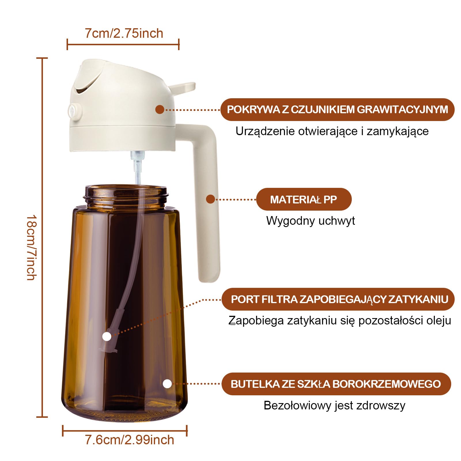 YARRAMATE blokujący światło rozpylacz ciemnego oleju do gotowania, 2 w 1 spryskiwacz do oleju do gotowania, 470 ml szklana butelka na olej, dozownik oleju i do kuchni smażenia BBQ (biały)